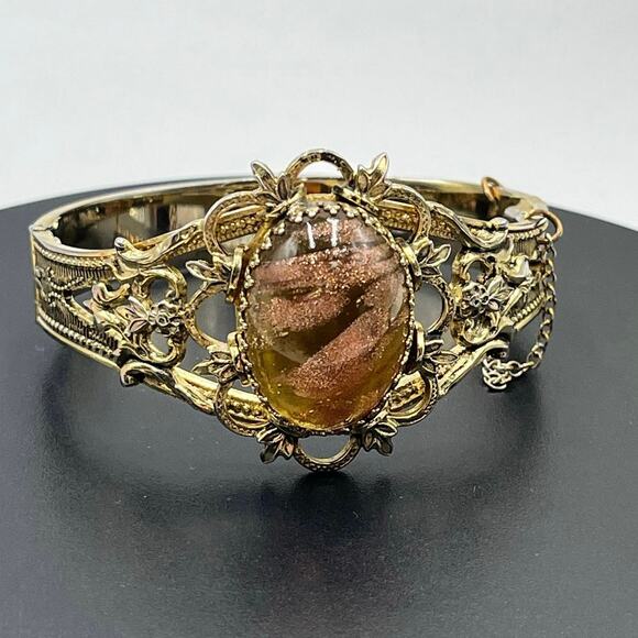 Whiting & Davis Jewelry - Whiting & Davis Vintage Ornate‎ Victorian Revival Gold Tone Lg Cabochon Bangle